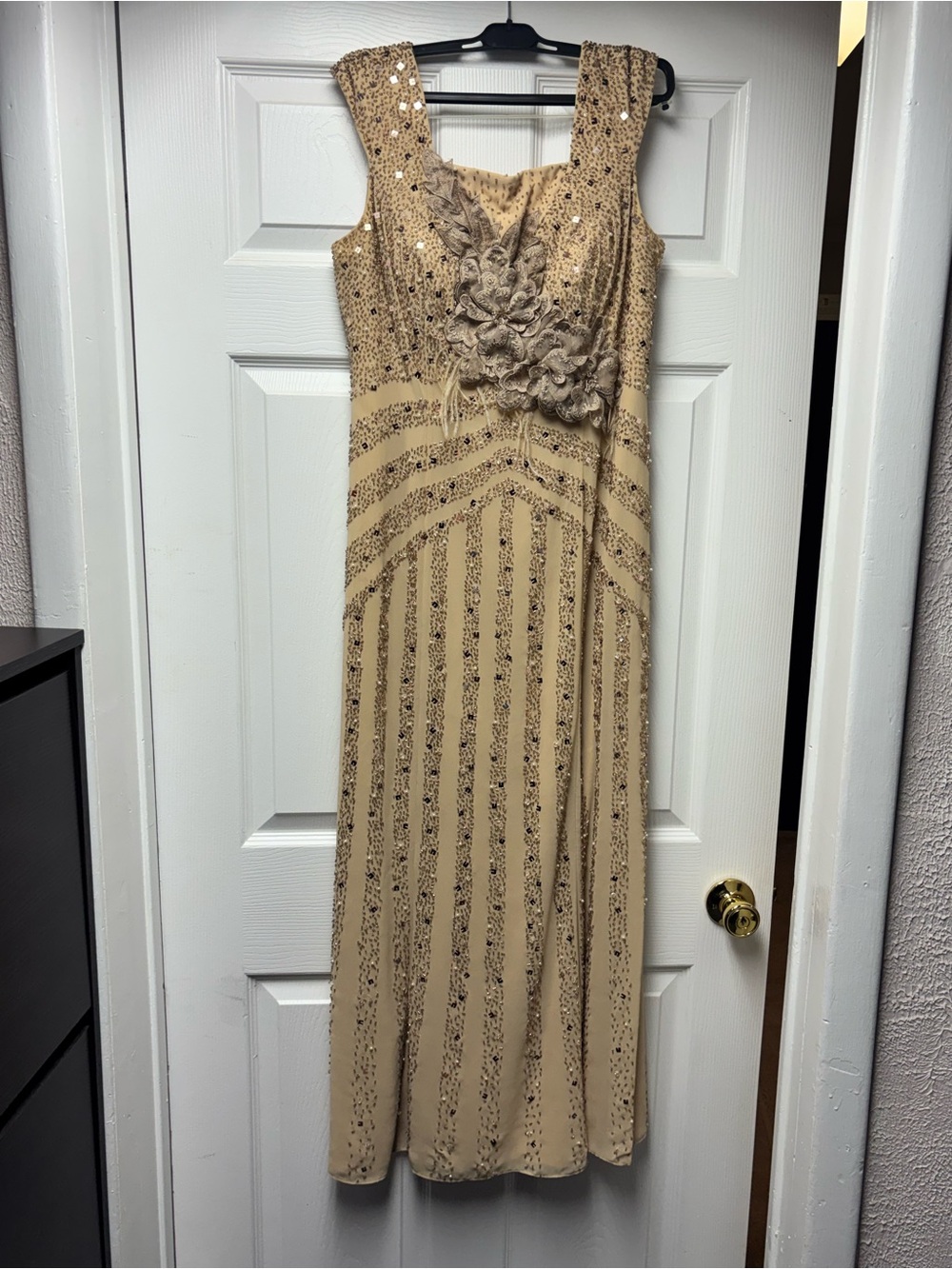 Sleeveless Beaded Maxi Dress in Champagne/Beige